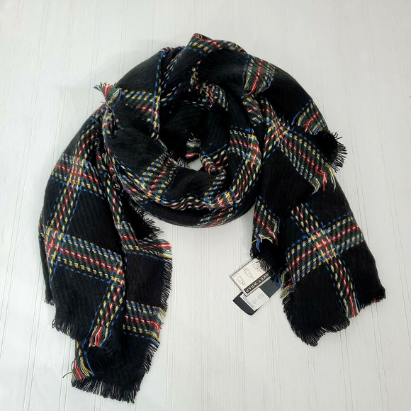 Cejon Womens Scarf Black Plaid Blanket Wrap Wool Blend Multicolor‎ 76" Shawl NWT - Picture 1 of 1